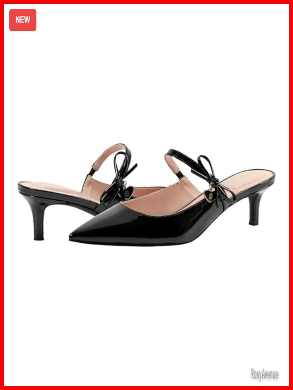 Pointed Toe Kitten Heel Mules with Bow and Heart Charm